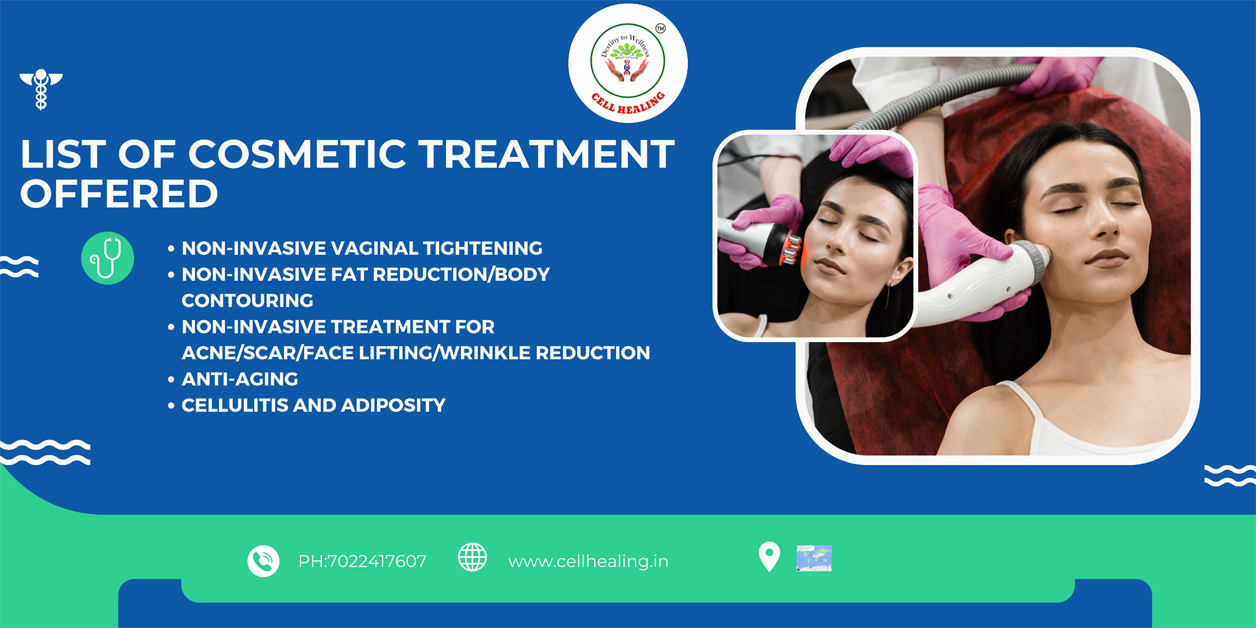 An advertisement graphic for a cosmetic treatment center featuring a list of services offered such as non-invasive fat reduction/body contouring,vaginal tightening,, acne/scar/face lifting/wrinkle reduction treatments, anti-aging, cellulitis and adiposity. Includes contact details with phone number and website address. There are also images showing cosmetic procedures being performed.